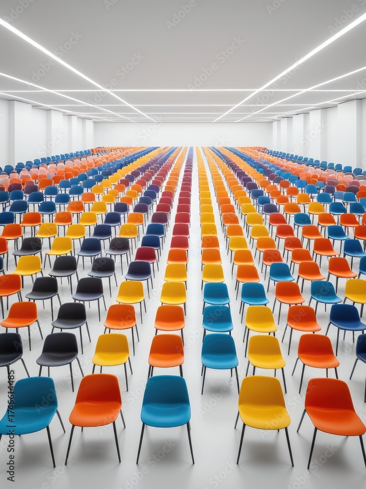 Naklejka premium Rows of colorful chairs fill a modern, white room, perspective view