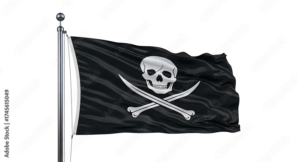 Fototapeta premium Black pirate flag with skull and crossbones waving on a flagpole isolated on white background