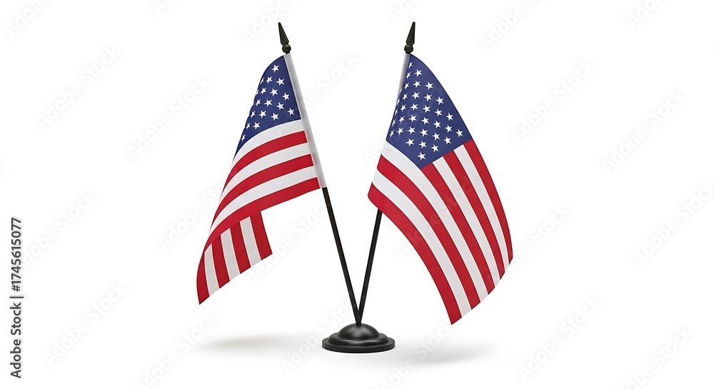Obraz premium Two small american flags on stands for display isolated on white background