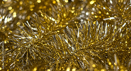 Gold tinsel garland close-up, festive holiday decoration, shiny style, sparkling background
