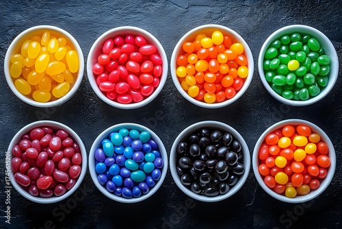 Colorful candy assortment in white ceramic bowls arranged on dark slate background, featuring vibrant jellybeans and round sweets in rainbow colors.