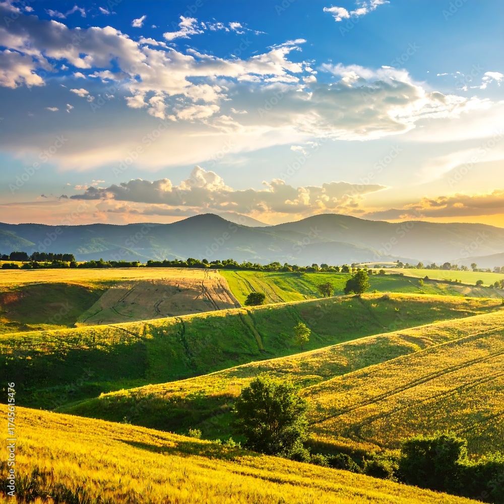 Fototapeta premium Rolling hills and wheat fields under a sunset sky