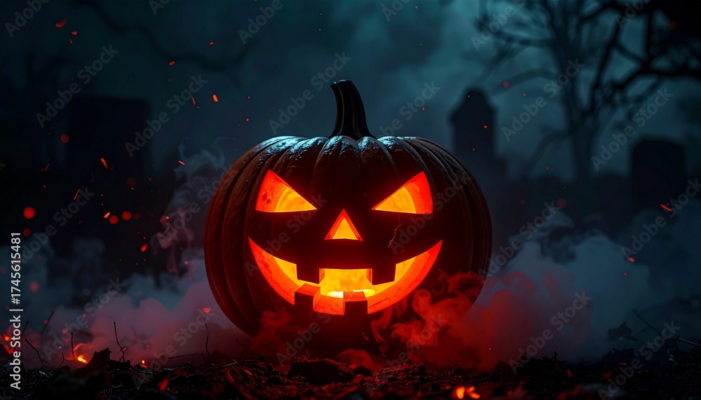 Fototapeta premium Glowing Jack-O-Lantern in Dark Horror Atmosphere – Floating Pumpkin with Fog, Embers and Eerie Black Void
