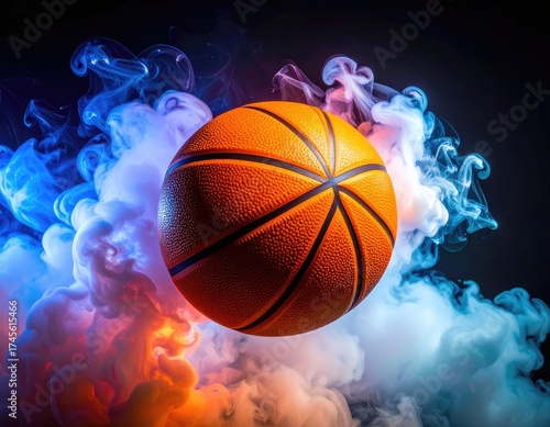 Wallpaper Mural A vibrant basketball floats amidst colorful smoke against a dark backdrop Torontodigital.ca