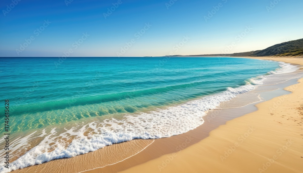 Fototapeta premium Azure ocean waves gently crash on golden sand under clear blue sky