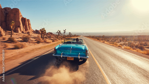 Road Trip Classic Convertible Car Driving Desert Landscape Travel Adventure Escape Vacation Freedom Journey Scenic Route Route 66
