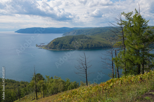 View of the source of the Angara river from Baikal lake on a sunny September day. Listvyanka. Irkutsk region, Russia