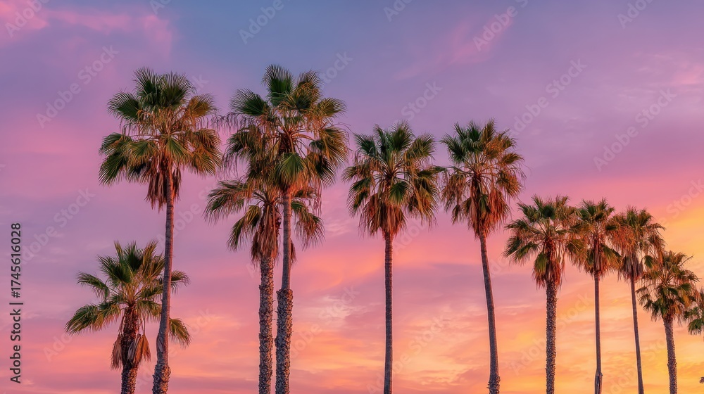Obraz premium Palm trees silhouette against a colorful sunset sky landscape background