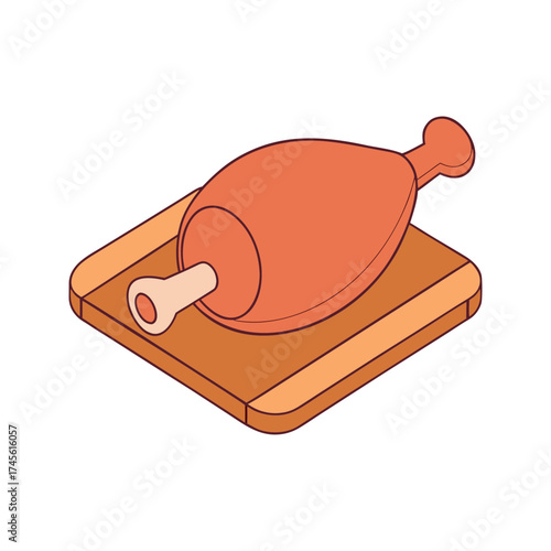 A stylized isometric illustration of a cooked chicken leg resting on a wooden cutting board against a solid black background perfect for food concepts