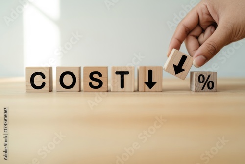 Cost Reduction Concept: A hand strategically places a block to signify cost down, illustrating financial savings and efficiency, perfectly placed on a wooden surface.