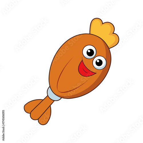 A cute cartoon character resembling a fried chicken drumstick with a happy face and big eyes on a black background