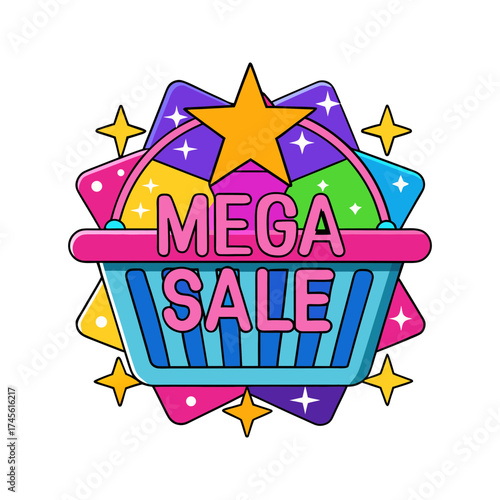 Vibrant mega sale announcement with a shopping basket and stars on a black background perfect for promotions