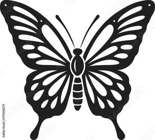 Elegant black and white butterfly silhouette detailed wings delicate antennae graceful insect flying nature beauty symbol