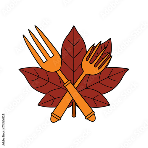 Two orange forks crossed over a deep red maple leaf set against a solid black background representing autumn dining and harvest celebrations
