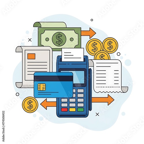 Point of Sale Terminal with Credit Card, Cash and Receipt Illustration