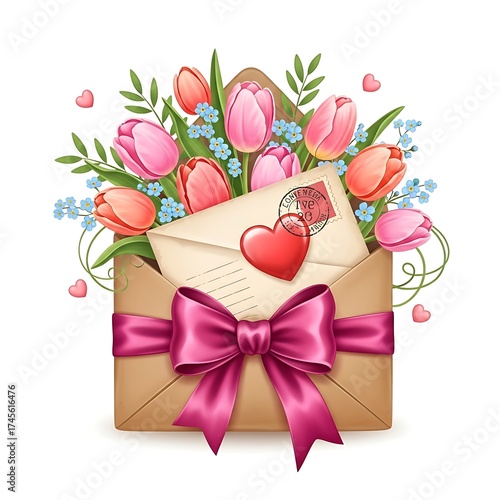 Romantic Tulip Bouquet in Envelope with Heart