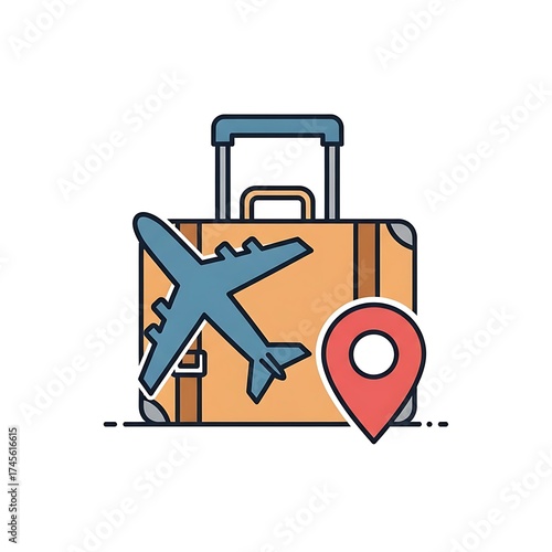 Travel Suitcase with Airplane and Location Pin Icon
