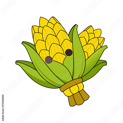 A stylized illustration of two bright yellow corn cobs with green husks and dark kernels tied together with a brown band set against a stark black background