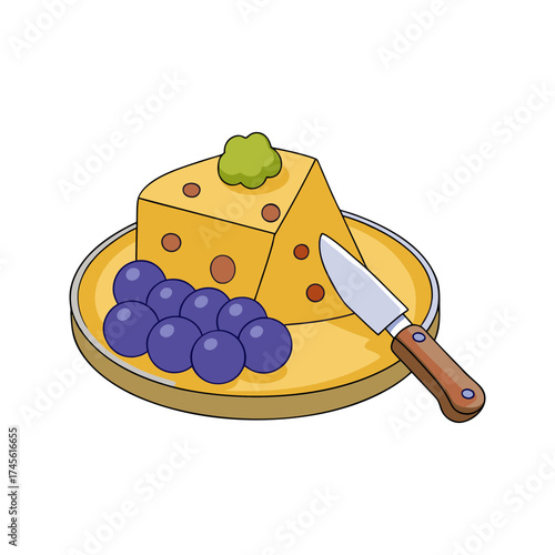 A delicious wedge of yellow cheese with holes and a dollop of green spread sits on a yellow plate with purple grapes and a knife