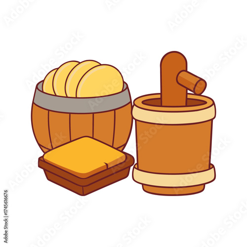 A charming cartoon illustration of a wooden barrel filled with golden potato slices a square block of butter and a wooden butter churn with a plunger