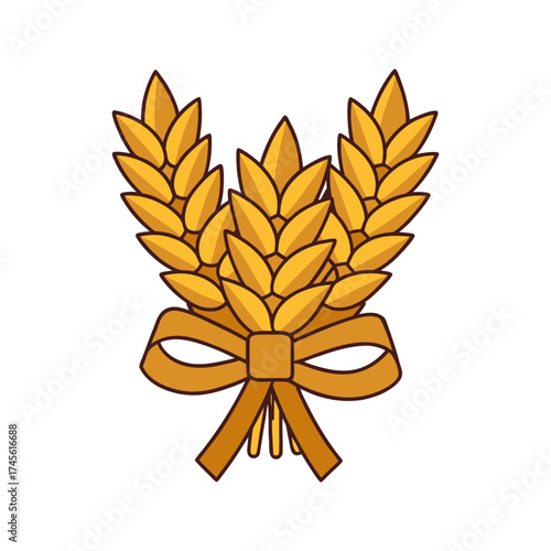 A stylized illustration of three golden wheat stalks tied together with a simple orange ribbon bow on a black background
