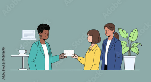 Businesswomen Handing Over Document or Envelope in Meeting