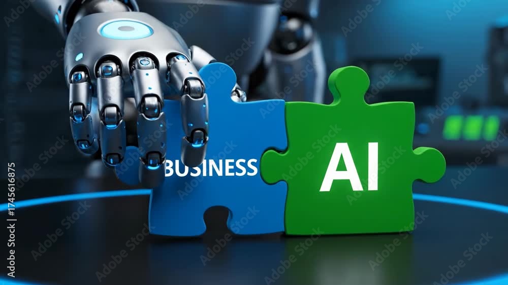 A robot hand connects two puzzle pieces labeled Business and AI ...