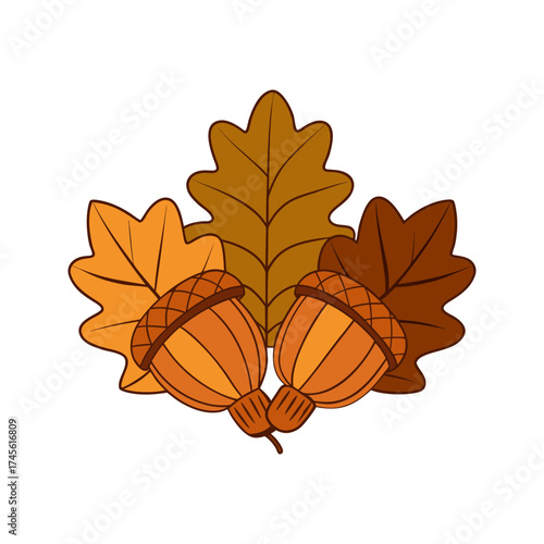 Flat style illustration of acorn and oak leaves grouped together on white background, clean vector design, no gradient, natural autumn botanical concept for minimal nature artwork and decor