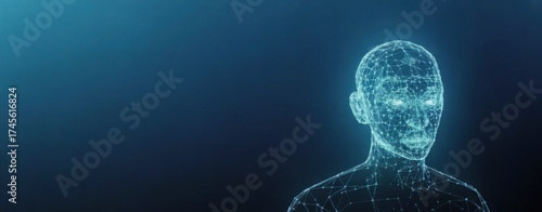 Digital Human Interface: A futuristic concept showcases a glowing, interconnected digital representation of a human head, floating in a sea of data.