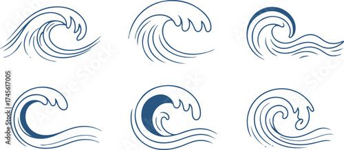 Set of creative ocean wave sketches in blue color outline