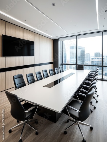 Modern, empty boardroom with large table, chairs, big screen, and city view windows