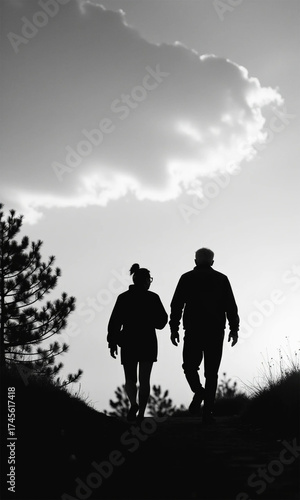 Elderly athletic people walk in the park in the fall. A healthy lifestyle in retirement.