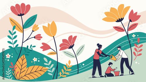 Community group interacting in glossy 3D floral abstract wallpaper garden showing unity and friendship vector