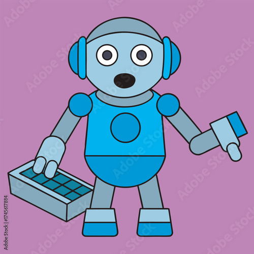 Cartoon robot with a surprised expression holding a keyboard and a gun