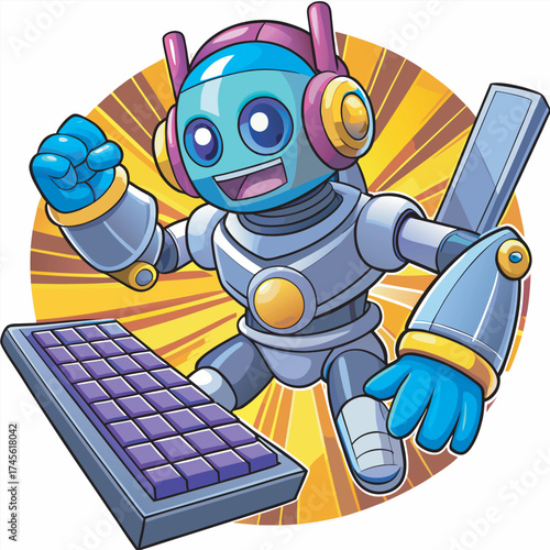 A cheerful robot with headphones plays a puzzle game with a big smile