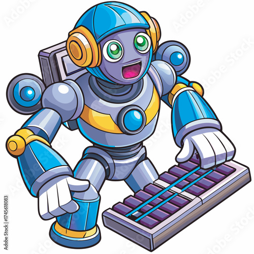 A happy robot with headphones plays a puzzle game with a joyful expression