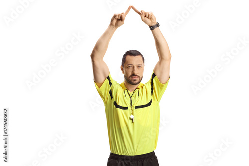 Football referee gesturing VAR symbol
