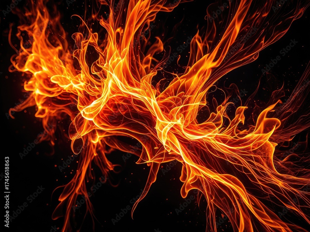 Fototapeta premium Fiery bird-like form emerges from darkness, radiating intense heat and light