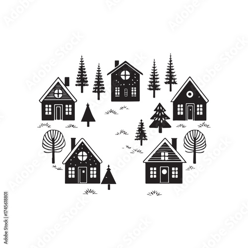 Black Colour snow village Vector Illustration, Solid White Background (1).eps