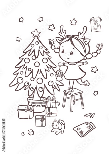 Cute girl decorating holiday tree coloring page, festive line art illustration for kids