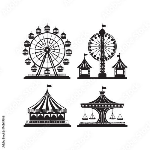 Carnival ride silhouette vector liner art black color design set and solid white background (1).eps