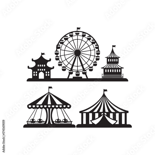 Carnival ride silhouette vector liner art black color design set and solid white background (2).eps