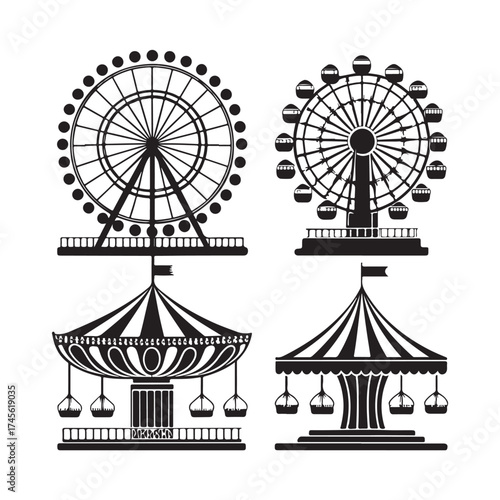 Carnival ride silhouette vector liner art black color design set and solid white background (3).eps