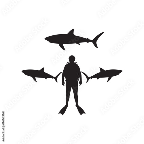 Diver swimming with sharks vector Silhouette art black color design and solid white background (3).eps
