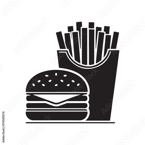 Fast food icon, minimalist design, hamburger silhouette, french fries container black colour vector design and white background (2).eps