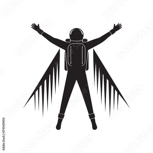 Figure flying a jetpack silhouette vector art black color design and solid white background (6).eps