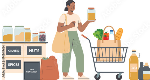 zero waste grocery shopping vector – reusable produce bags, glass jars, bulk bins, BYO container – flat eco lifestyle scene