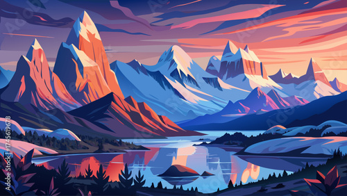 Beautiful Winter twilight lanscape from Patagonia moutains with snow. Lago Nordenskjold, Torres del Paine National Park, Chile. Pink blue evening sky. Traveling 
