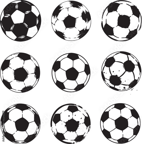 This visual presents a collection of nine distinct football icons, each rendered in a classic black and white pentagonal and hexagonal pattern. 