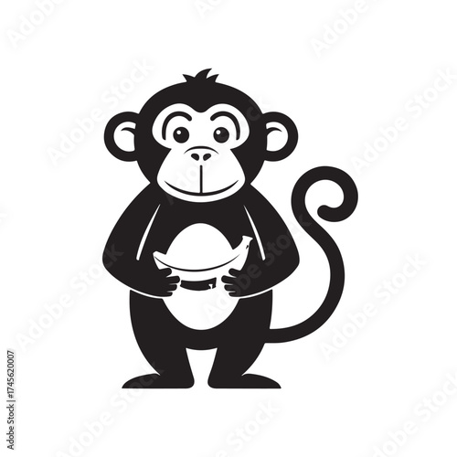 Monkey holding a banana silhouette vector illustration black color design and solid white background (1).eps